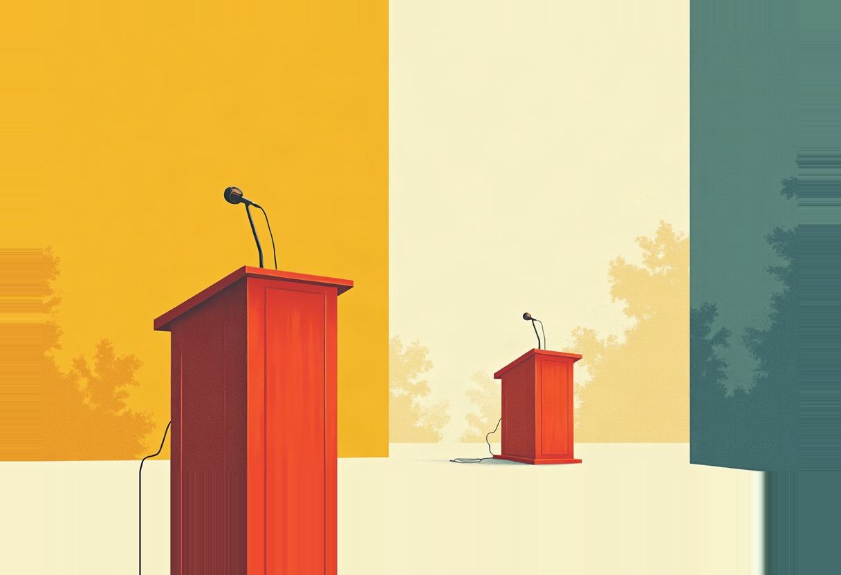 Two orange podiums with microphones, one large and near, one small and distant, against vertical bands of yellow, cream, and teal with faint tree silhouettes.