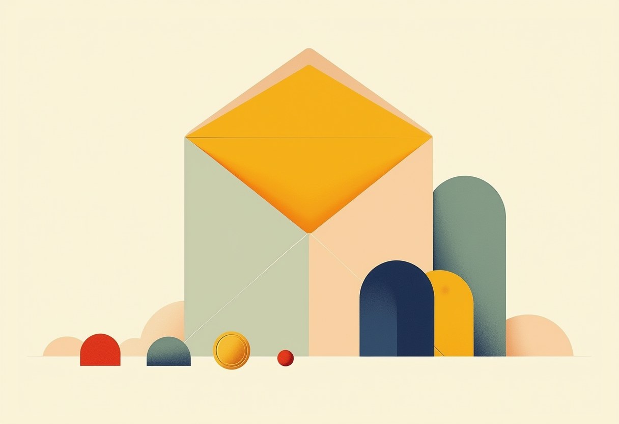 Flat-design illustration of a large open envelope with a yellow flap beside arched shapes and a gold coin on a cream background.