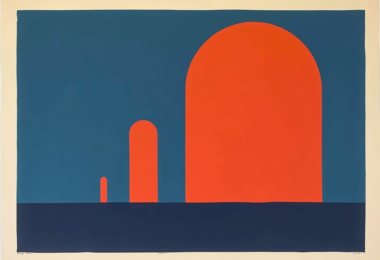 Three orange arch-topped pillars of increasing height stand on a dark horizon line against a flat teal-blue background, bordered by a cream margin.