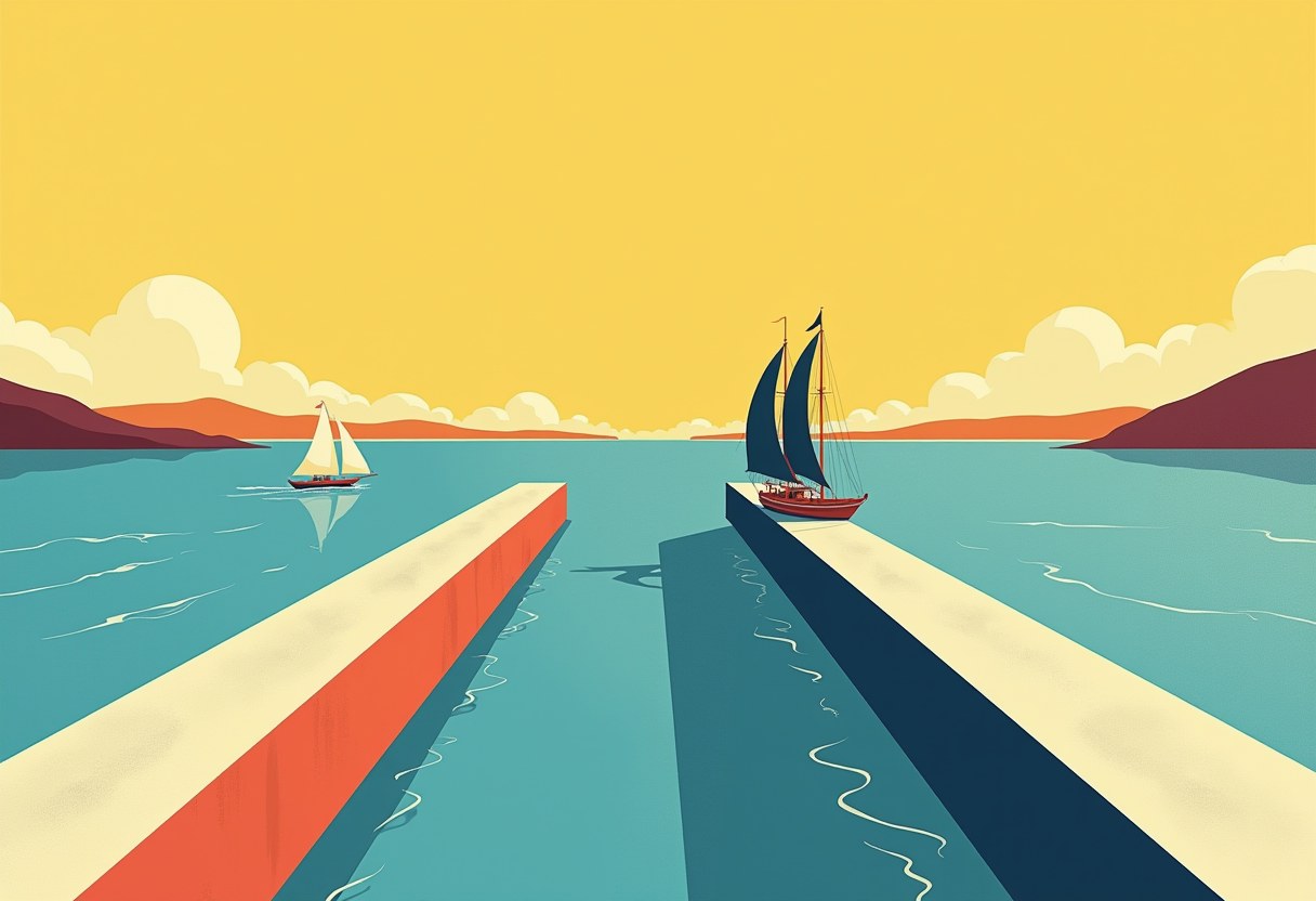 Two piers, one terracotta and one navy, jut into calm turquoise water toward two sailboats under a wide yellow sky with distant hills.