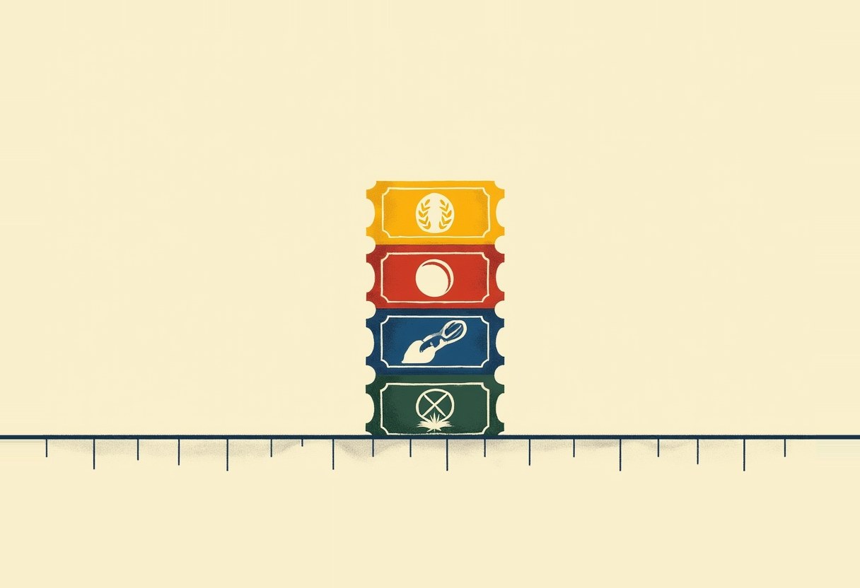 Four stacked ticket stubs in yellow, red, blue, and green, each printed with a different icon, resting on a horizontal tally-marked ruler line against a pale cream background.