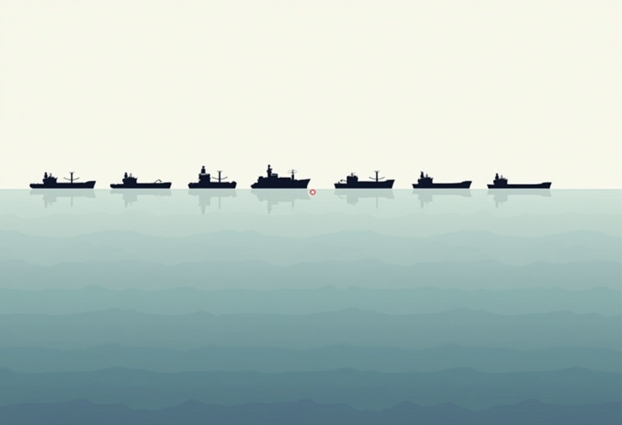 Seven dark ship silhouettes in a row on the horizon line of a teal sea, with a small red circle marker beside the fourth ship.