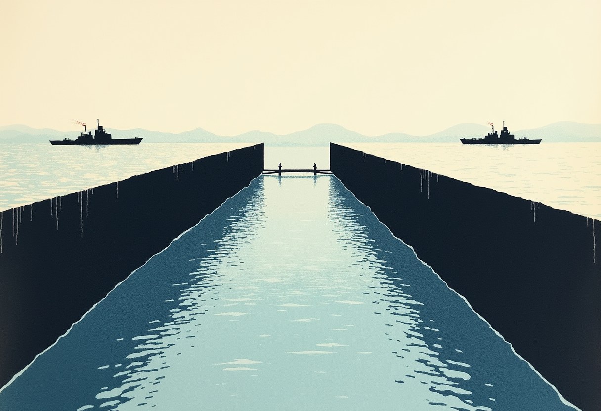 A narrow water channel between two dark walls narrows to two small figures at a gate, with a warship silhouette on open water at each side.