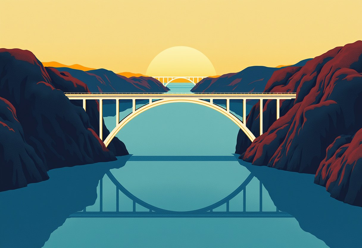 A cream arch bridge spans a blue strait between dark red-and-navy cliffs, its reflection in the water below a rising yellow sun.