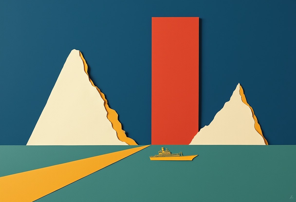 Two flat cut-paper land masses stand on a deep cobalt ground with a narrow channel between them; a small flat golden cargo-ship silhouette sails in the channel; a tall flat vermilion gate stands across the channel, tilted slightly open.