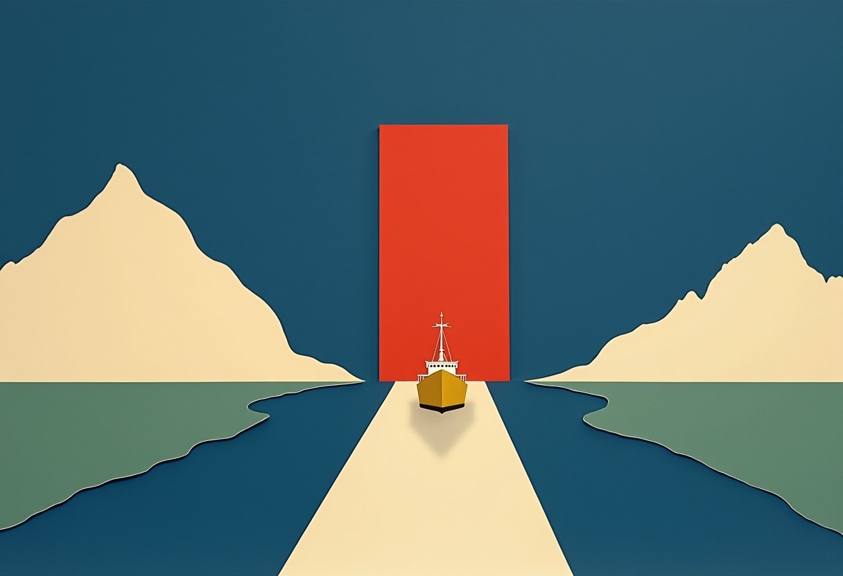 Two flat cut-paper land masses stand on a deep cobalt ground with a narrow channel between them; a small flat golden cargo-ship silhouette waits in the channel; a tall flat vermilion gate stands shut across the channel, fully closed with no gap.