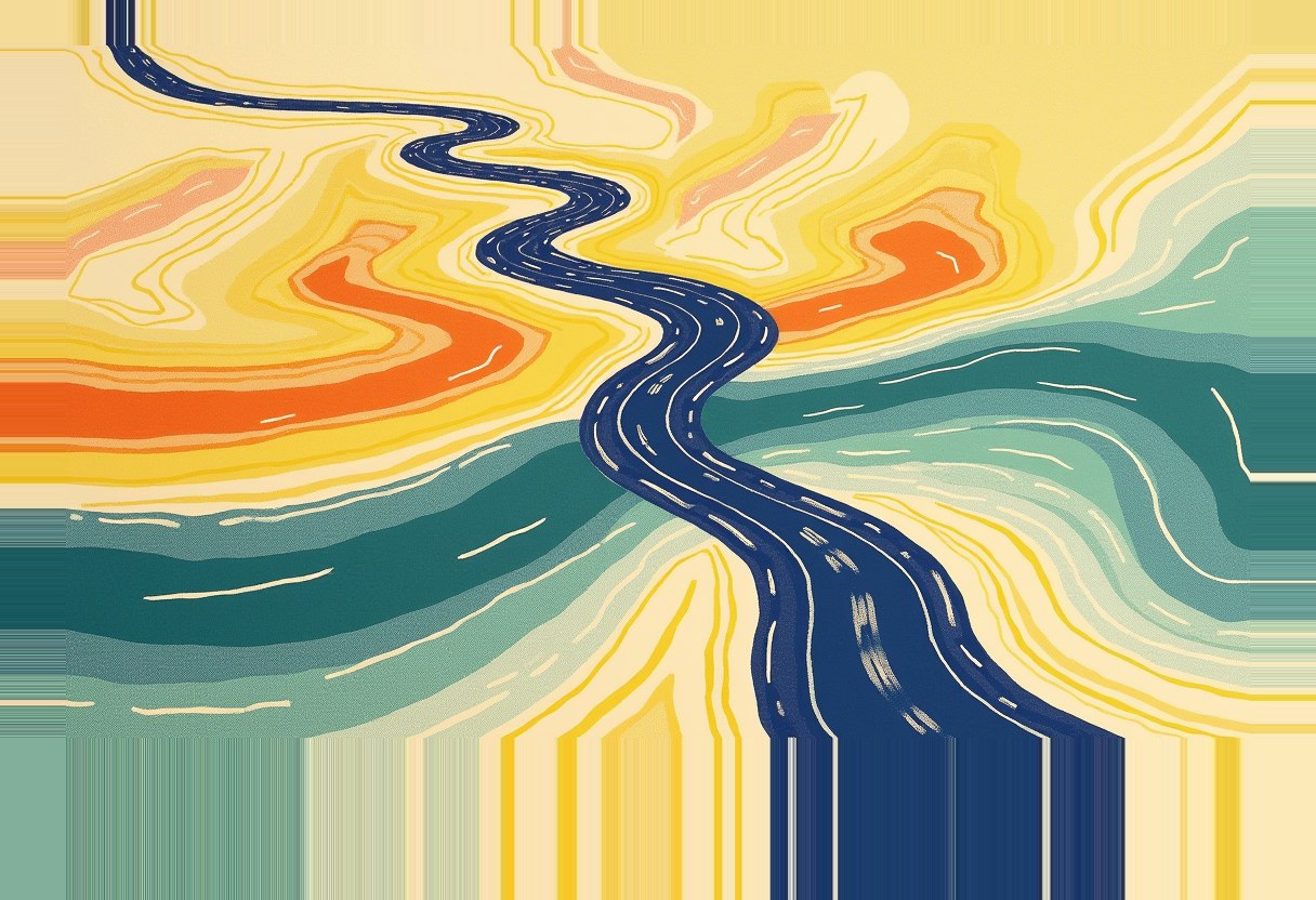 A winding dark-blue road with dashed lane lines cuts diagonally through a stylized landscape of orange, yellow, and teal wavy bands.