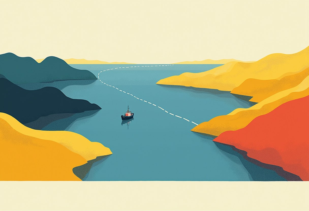 A small dark boat sits alone in a blue strait between yellow, teal, and red cliffs, with a dashed white line zigzagging across the water behind it.