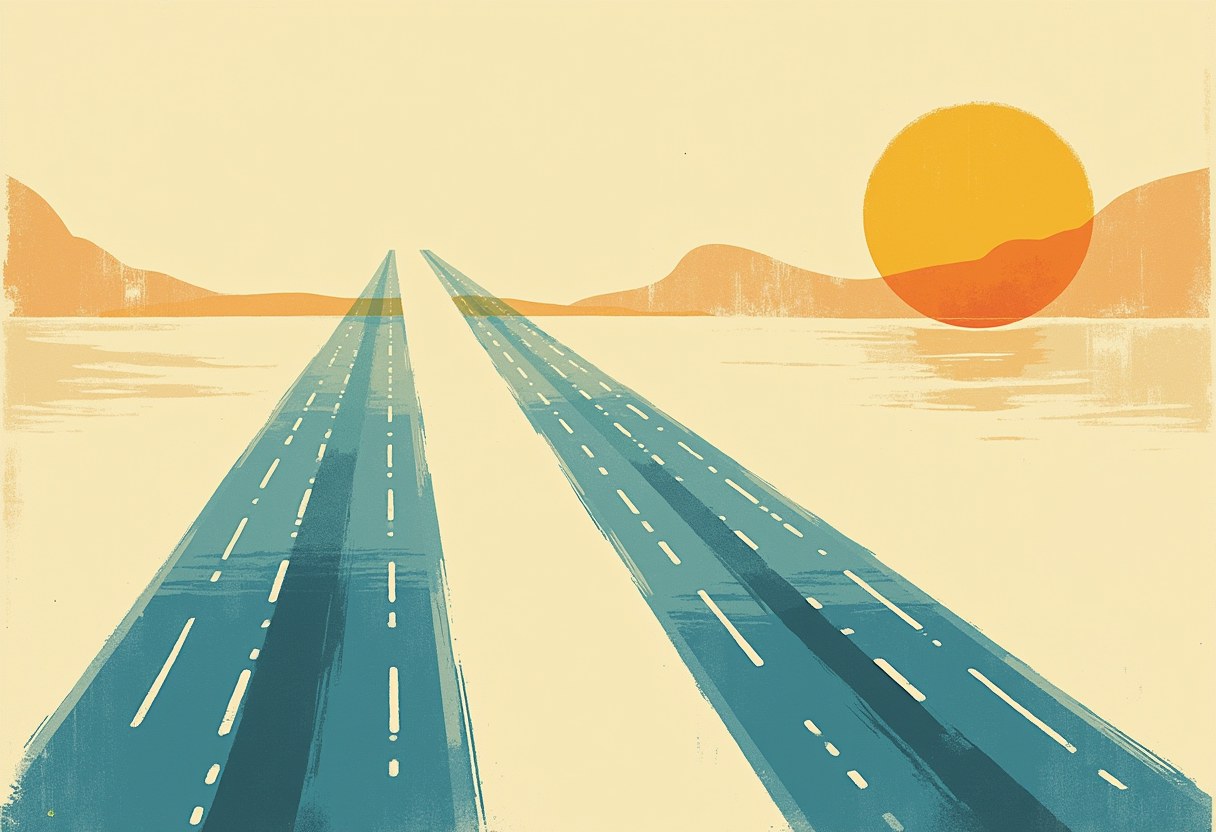Two teal roads with dashed white lane markings converge toward a horizon with orange hills and a large orange-yellow sun, on a pale yellow background.