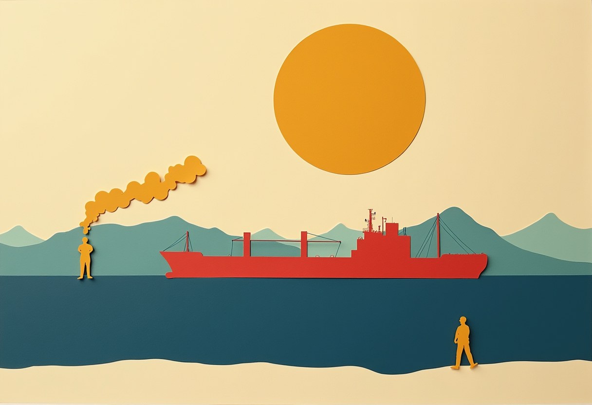 A long flat cream cargo-ship silhouette lies on a deep cobalt ground, its hull carrying one empty rectangle of blank paper, a single flat column of vermilion smoke rising from the ship, one small flat golden figure standing on the ground watching the ship pass