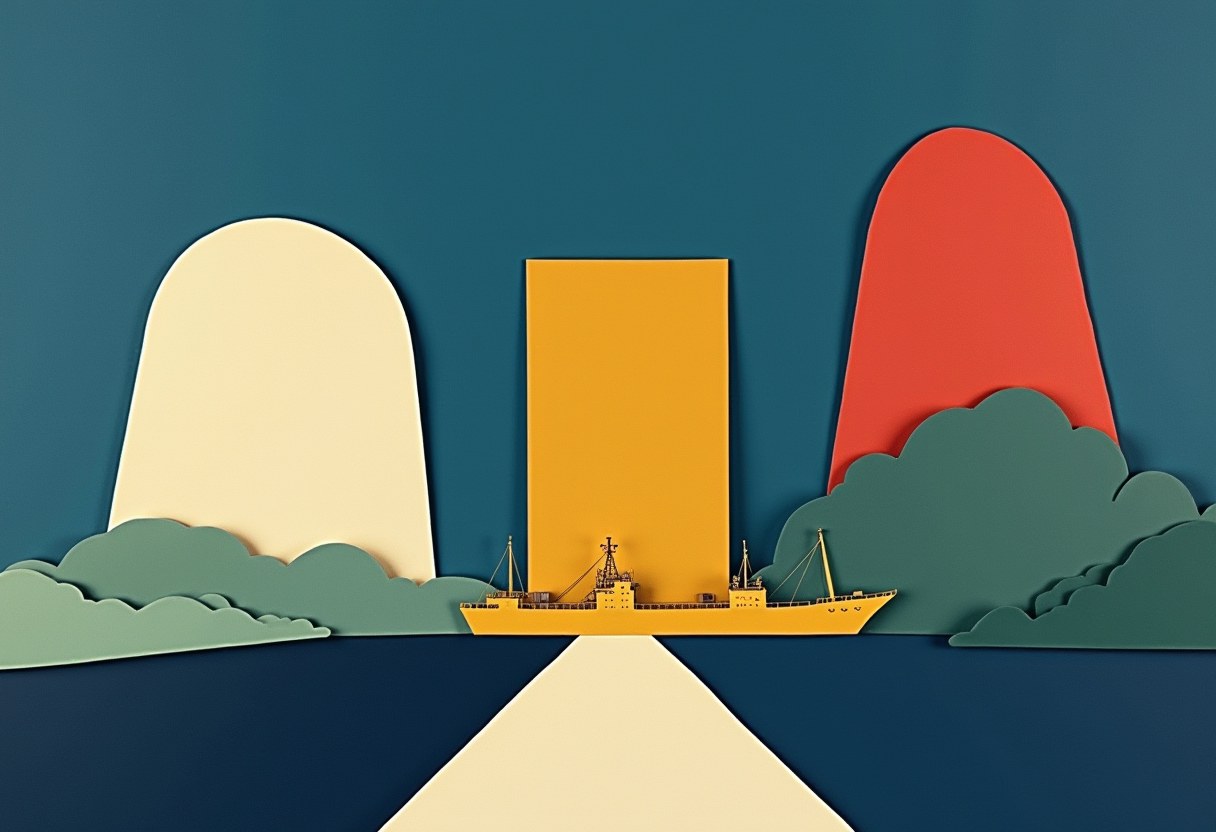Paper-cutout illustration of a yellow cargo ship between a cream and a red rounded arch shape, a tall orange rectangle behind it, green bushes and dark blue sea and sky.