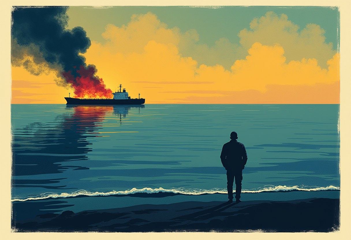 Editorial illustration of a burning oil tanker in a narrow strait at dusk, a lone figure watching from the shore