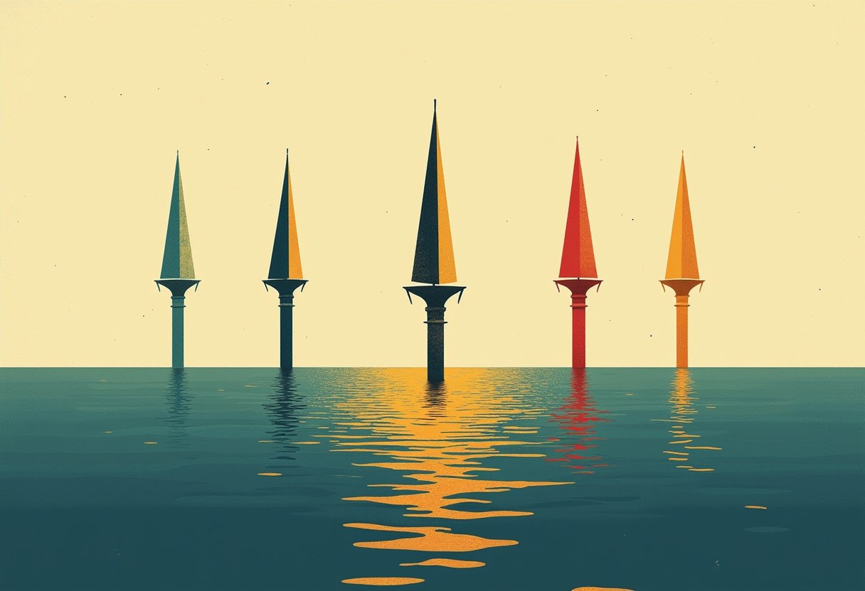 Five compass needles radiating from a single center on dark water, each pointing a different direction, no text, no human figures