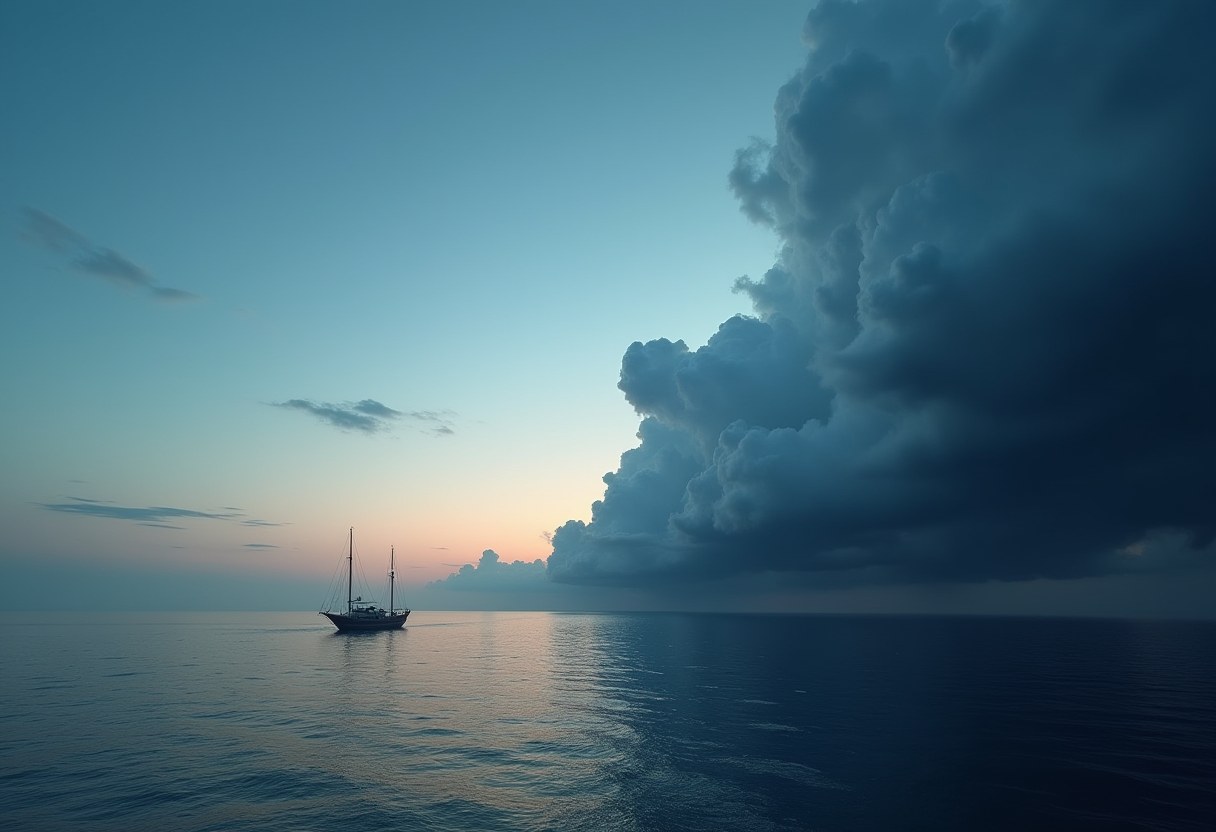Two weather systems at a calm sea horizon -- a single ship in flat water between storm and clear sky