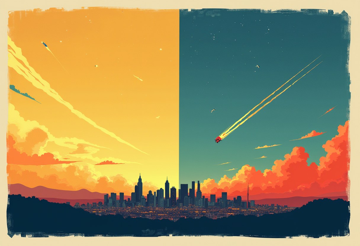 A split diptych: one half a peaceful pre-dawn sky, the other half drone contrails across a smoke-filled horizon