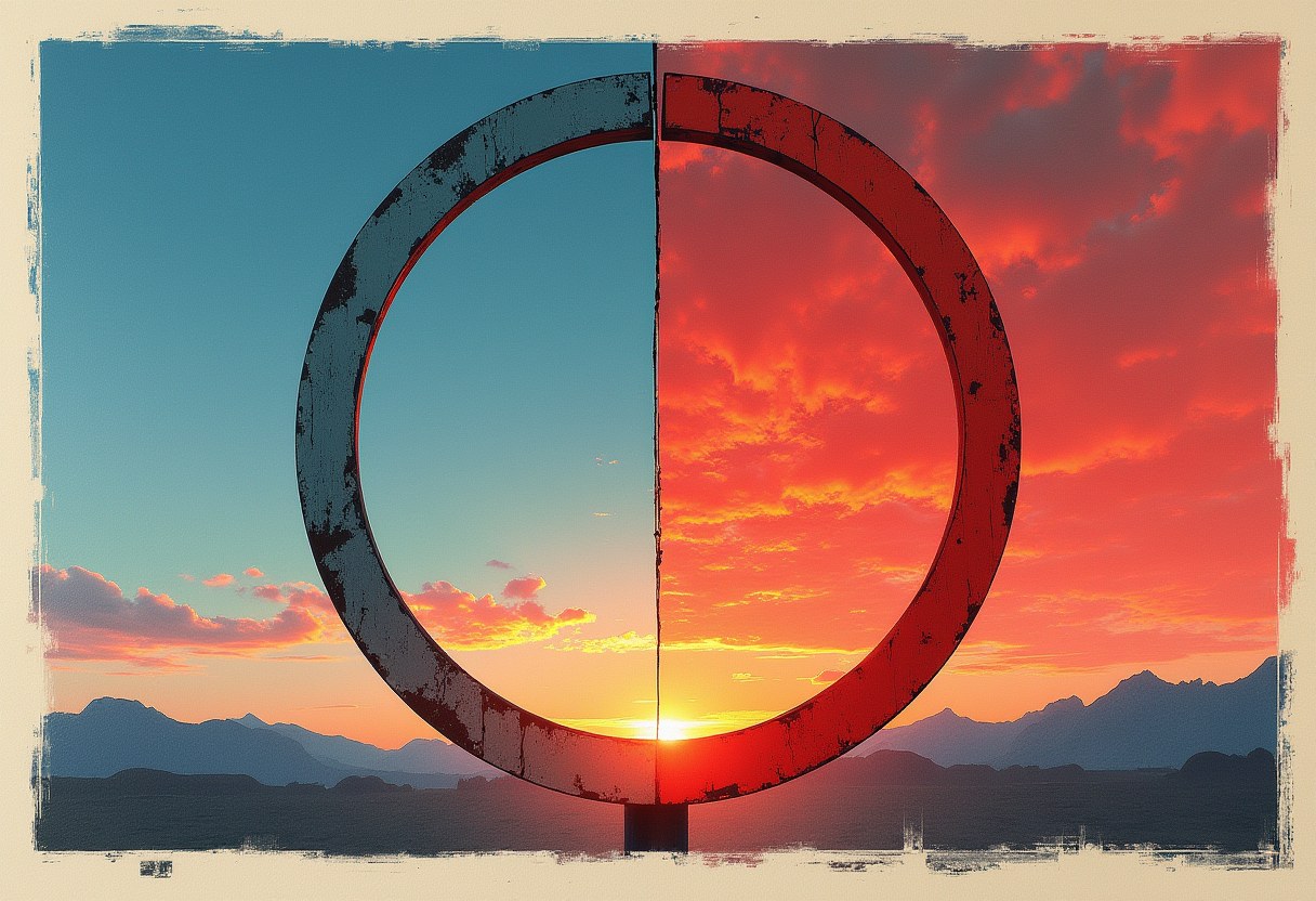 A split sky divided by a horizon line, half clear blue and half storm red, through which a pause symbol emerges — two different worlds from the same stillness