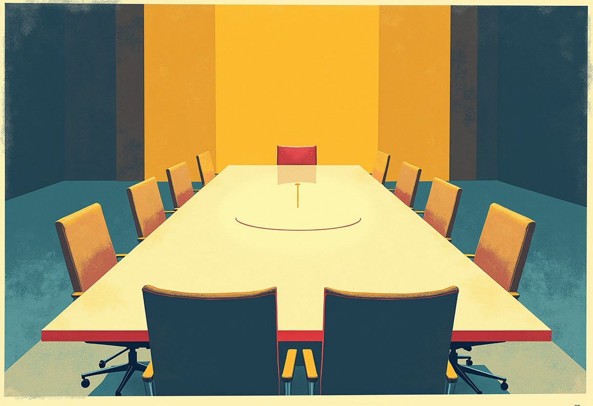 An empty conference room with two chairs at opposite ends of a long table — the space between them could be diplomatic or depleted, the composition refuses to decide