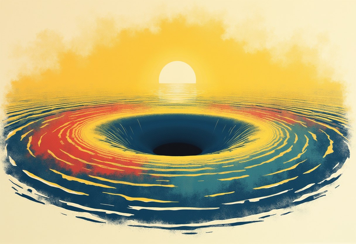 Three diverging ripples spreading from a still center, risograph style, no text