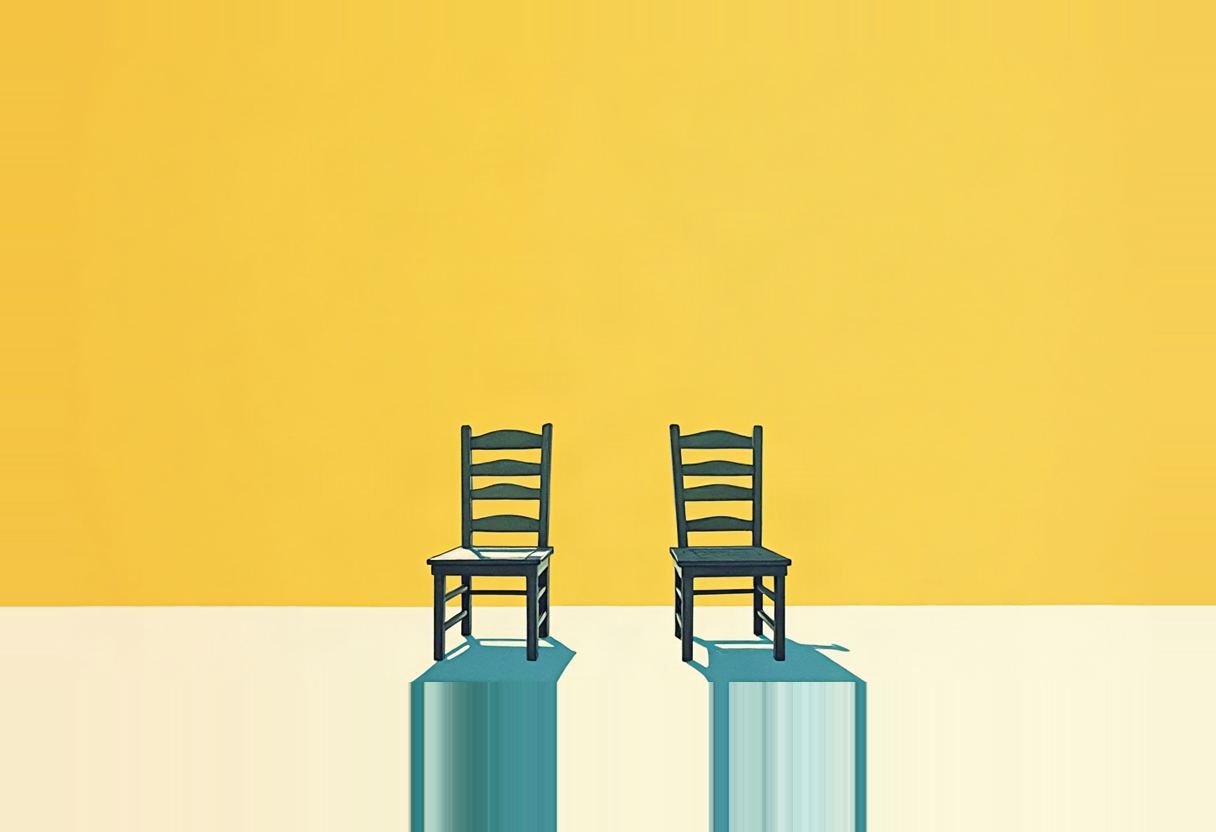 Two empty dark teal ladder-back chairs stand apart on a pale floor against a yellow background, each casting a long teal shadow.