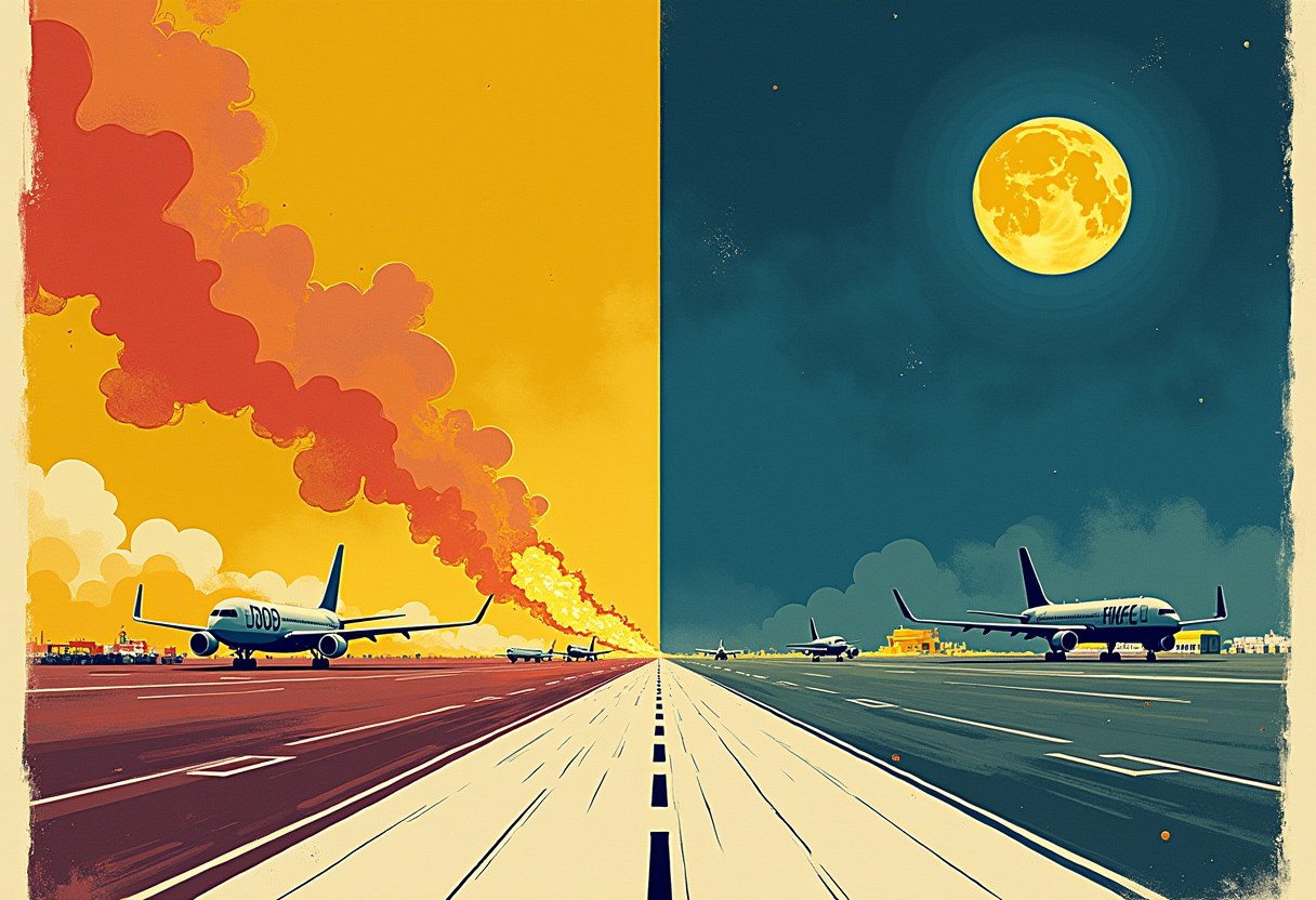 Two warring ledgers of a runway at night — a banner of six destroyed aircraft against a pristine flightline under the same moon
