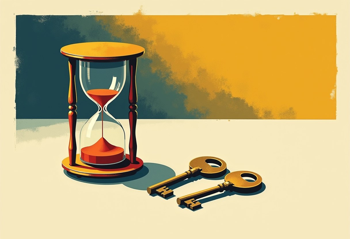 An illustration of an hourglass with orange sand beside two gold keys, set against a teal-to-yellow gradient backdrop.