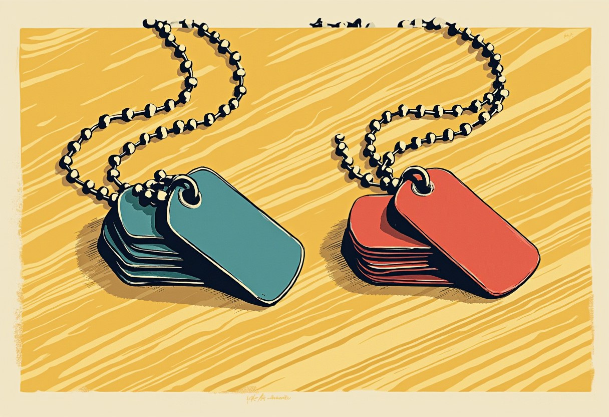 Two piles of blank military dog tags on a table, one pile visibly taller than the other