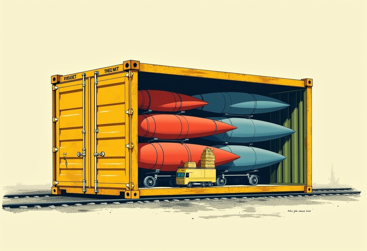 Editorial illustration of a war-cost crate nested at four sizes holding missiles plus a small train station and grain sack, one compartment welded shut