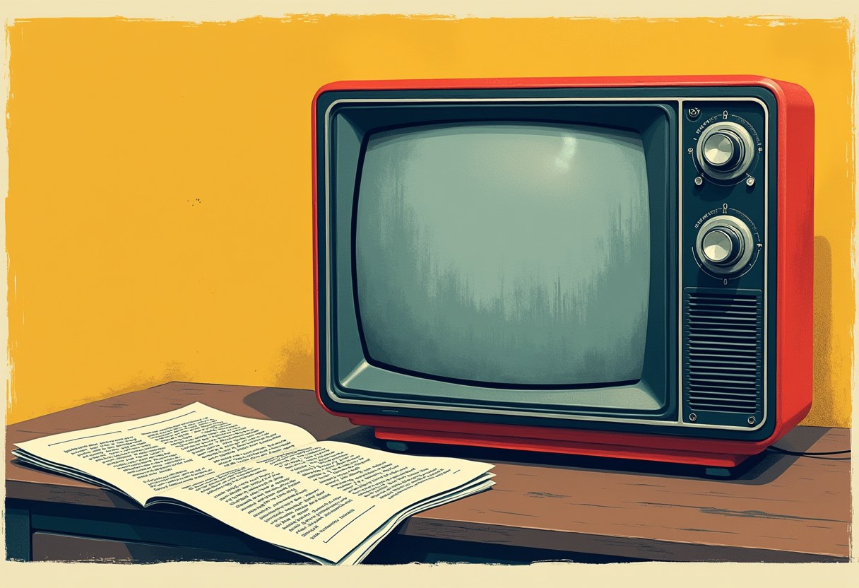A vintage television screen filled with static noise beside a printed newspaper showing clear text, representing broadcast silence versus published reporting