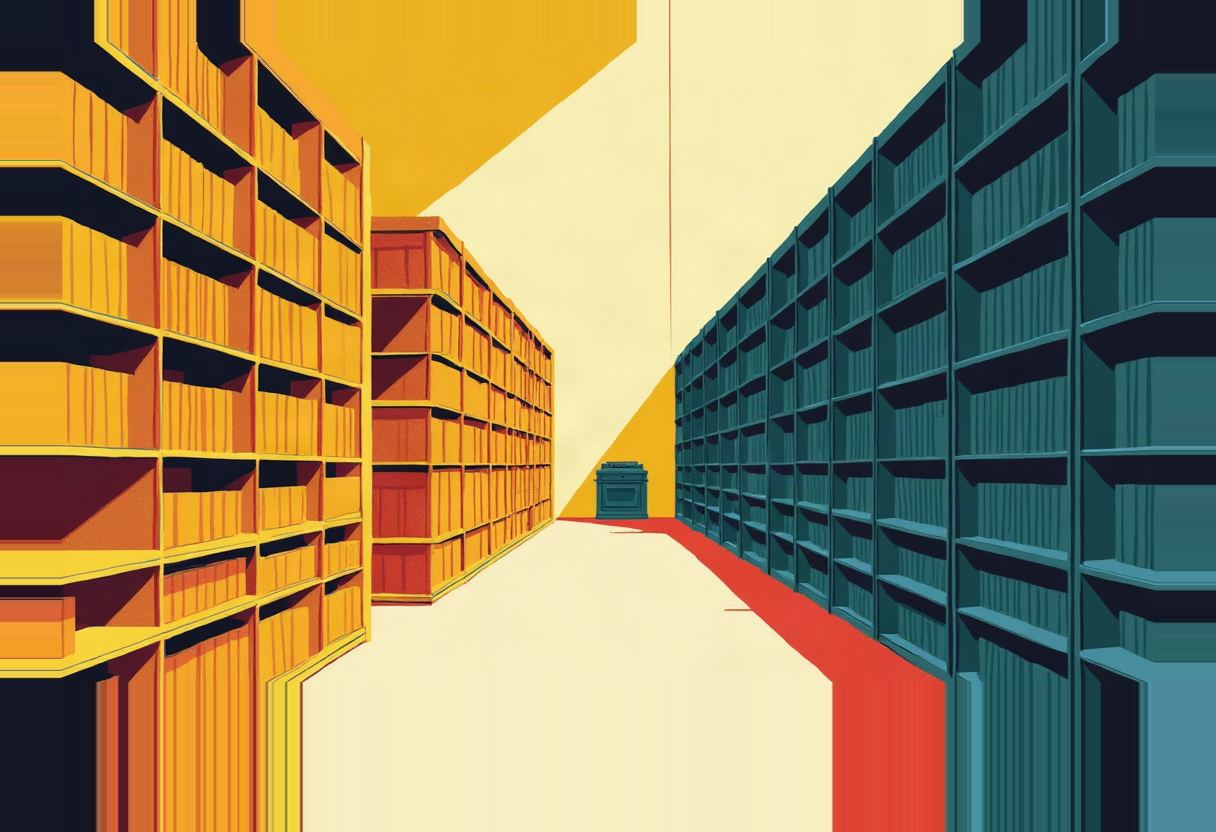Illustration of towering yellow and teal filing-cabinet shelves lining a red-and-cream corridor, converging toward one small cabinet in the distance.