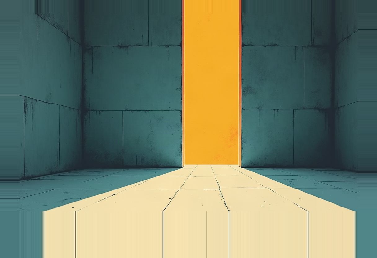 A narrow vertical slit of orange light cuts through the back wall of a dim teal stone corridor, casting a pale beam across the tiled floor toward the viewer.