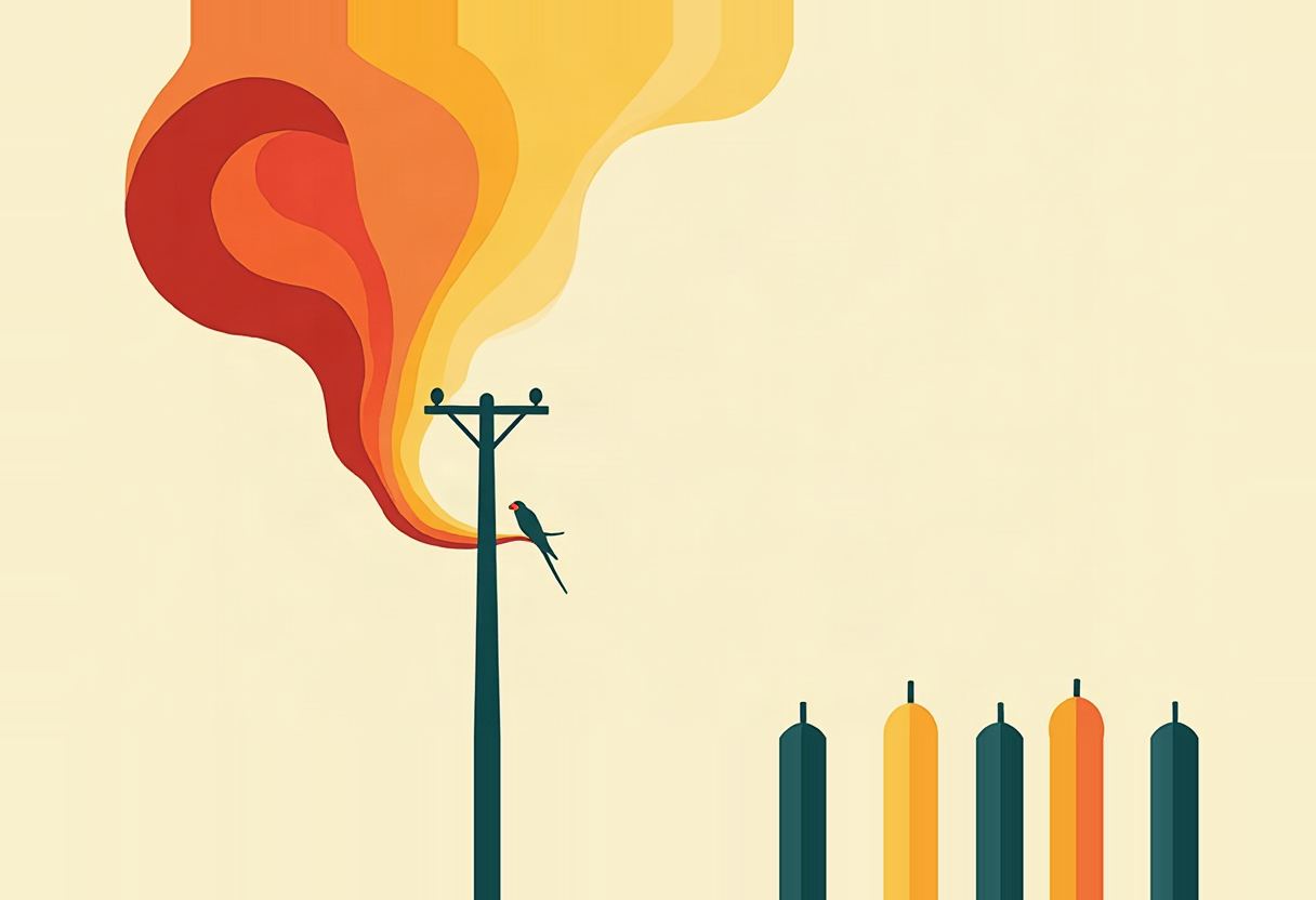 A teal bird with a red head perches on a utility pole's crossbar, a red-orange-yellow swirl rising behind it, with five candle-like pillars in matching colours in the lower right against a cream background.