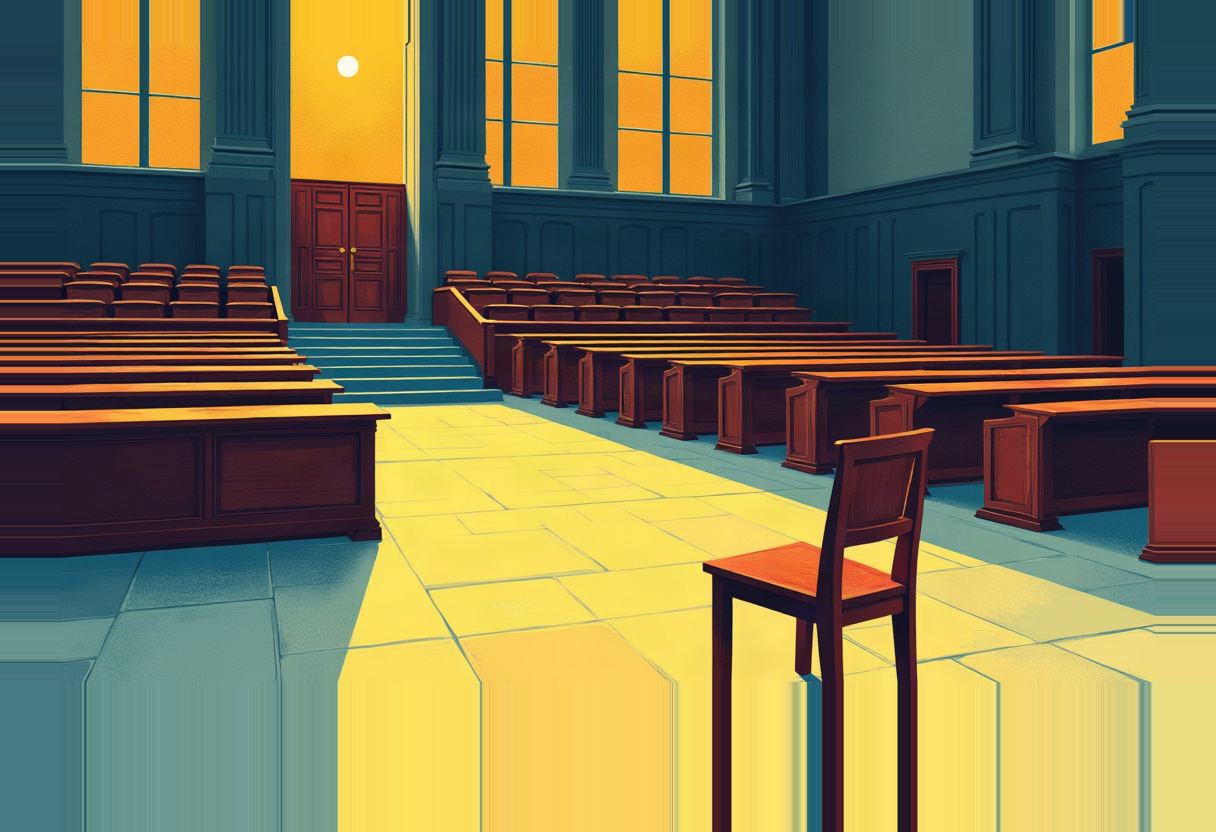 An empty wood-paneled courtroom or chamber with rows of empty wooden benches, a lone wooden chair in a yellow-lit aisle, and tall yellow-glowing windows.