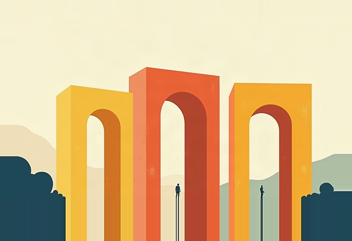 Three tall arches, two yellow flanking one taller orange, stand over a pale landscape; two small silhouetted figures on stilts stand beneath the arches.