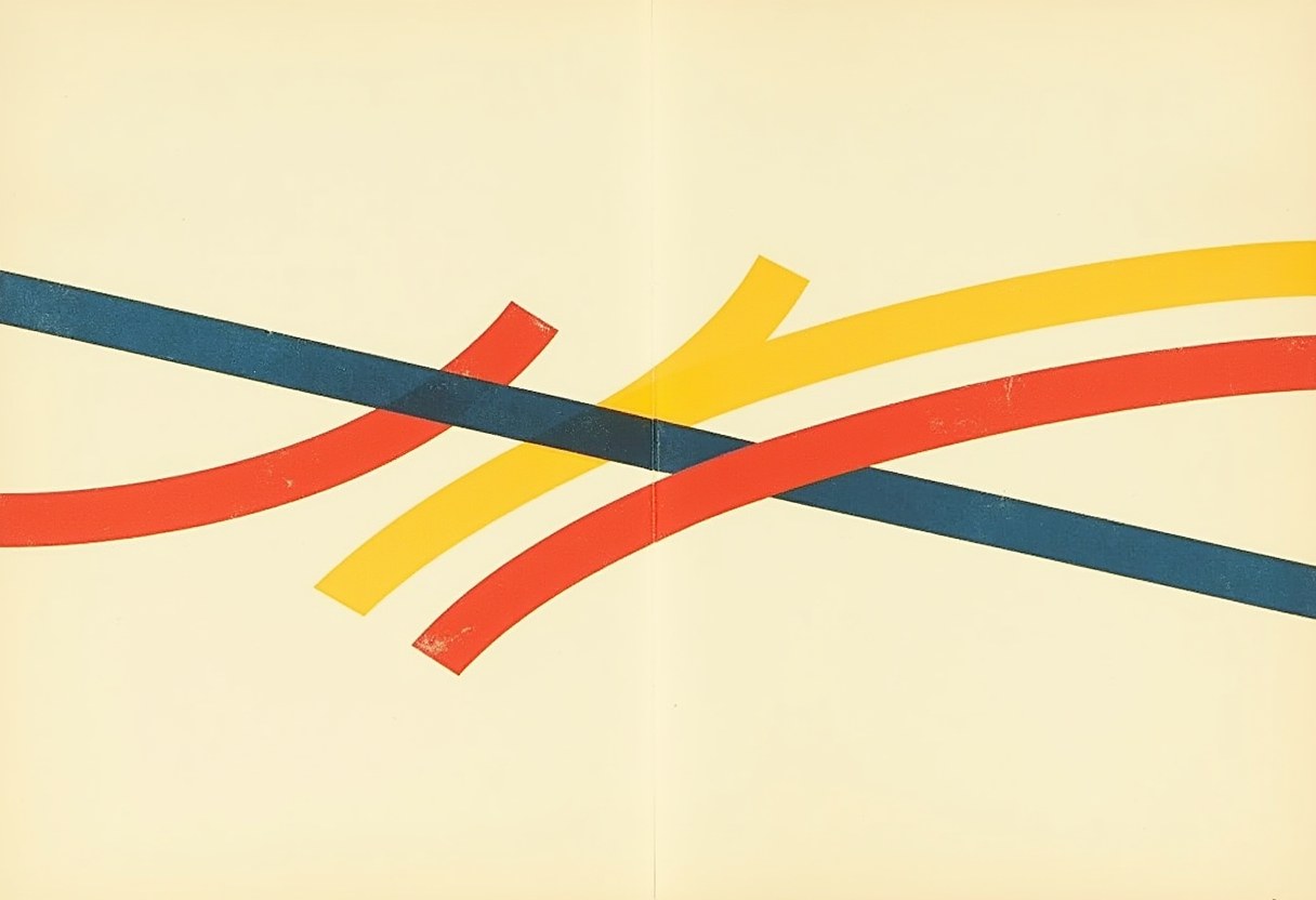 Abstract graphic of a straight blue diagonal band crossing three curved bands—red, yellow, and red—that bend sharply near the center, on a cream background.