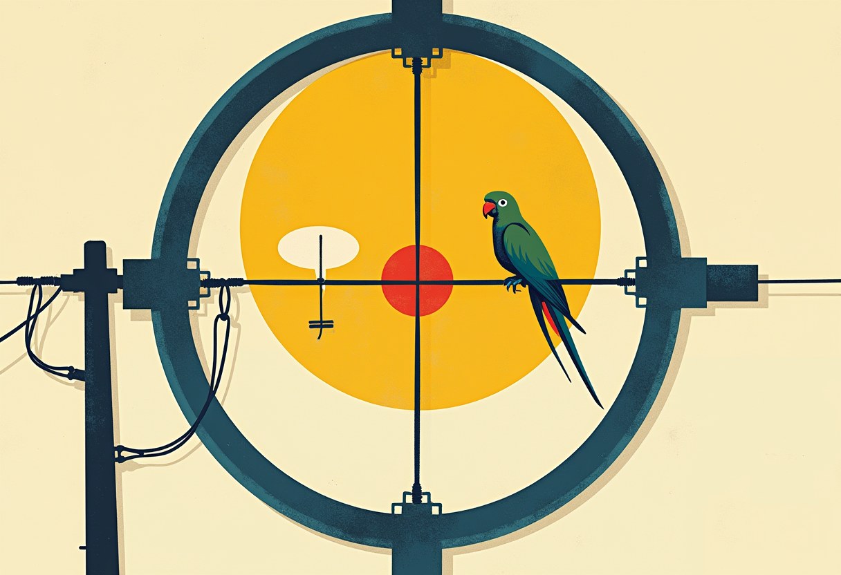 Editorial illustration of a large sniper crosshair centered on a small parrot perched on a sagging telephone wire, an empty speech bubble beside it