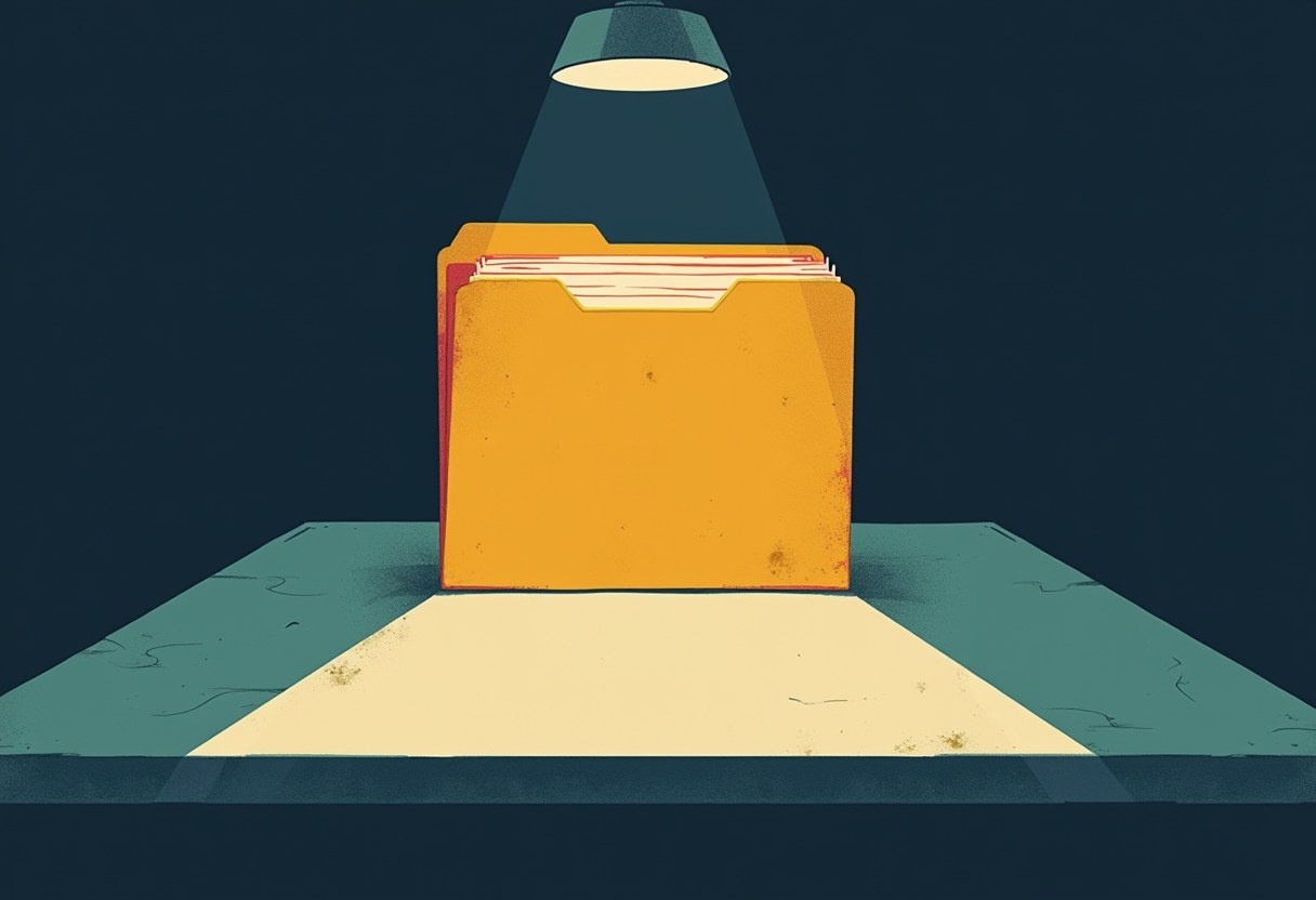 Editorial illustration: a sealed manila dossier folder stands on a bare dark table in the cone of a single hard overhead light, its pages blank — a contested intelligence warning that everyone describes but no one has opened.