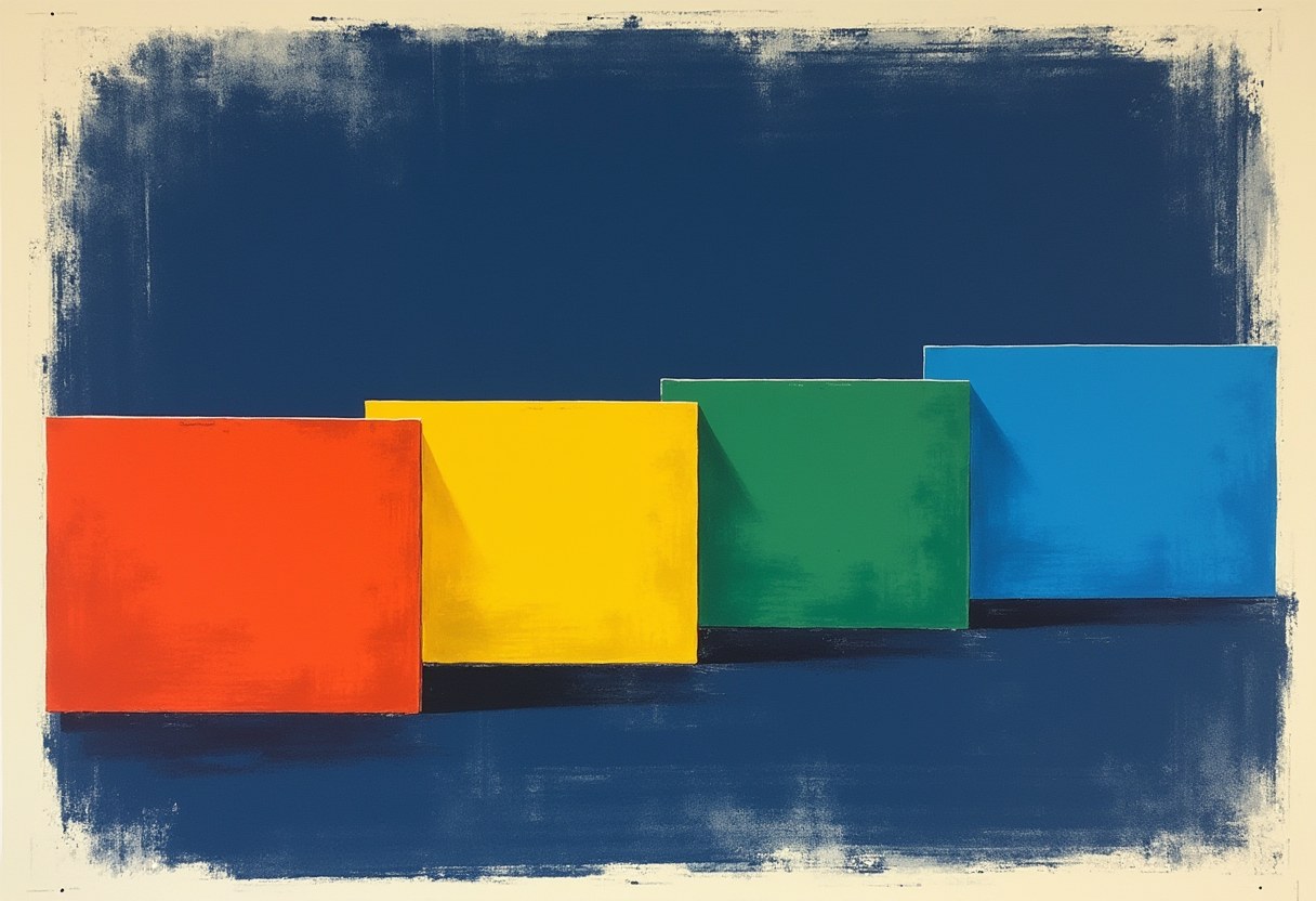 Four overlapping flat rectangular panels in orange, yellow, green, and blue stand side by side against a dark blue background with a cream border.