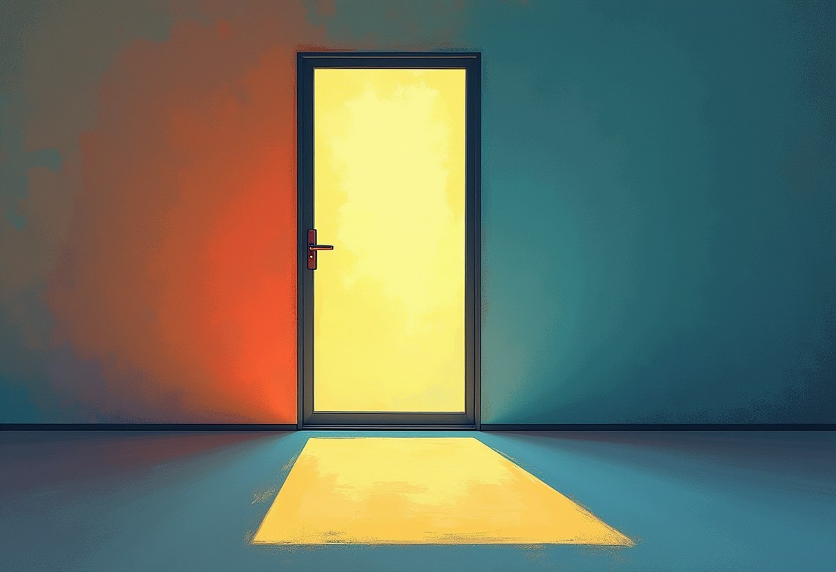 A glass door lit by warm light on one side and cool light on the other, casting a single shadow onto the floor