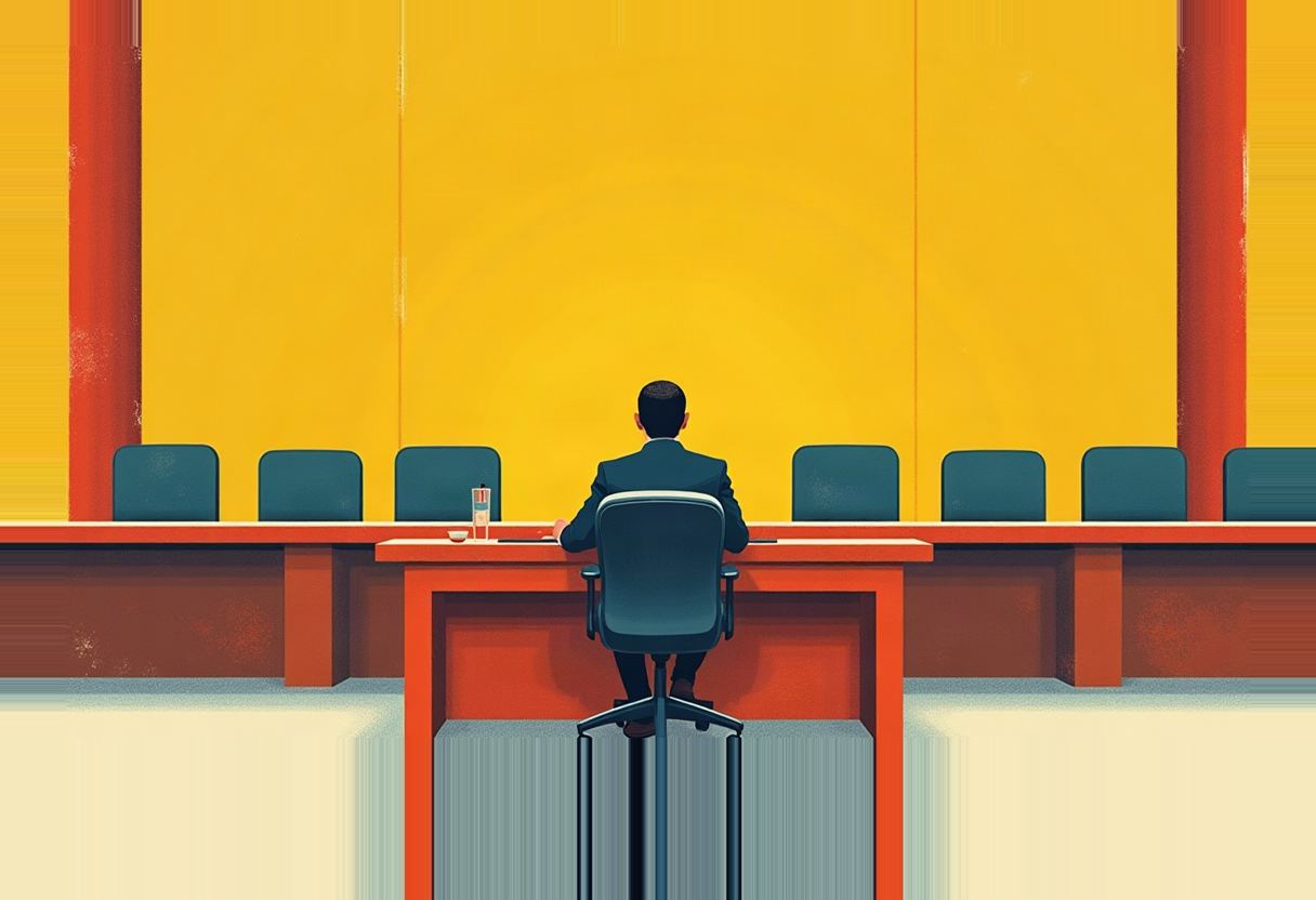 Illustration of a man in a suit seen from behind at a small orange desk facing a long empty dais of teal chairs, set against a bare yellow wall.