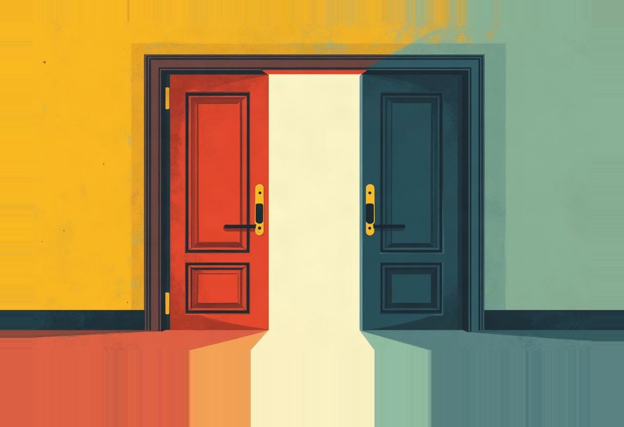 A red door on a yellow wall and a dark teal door on a pale green wall stand side by side, both open to a shared bright white gap between them.