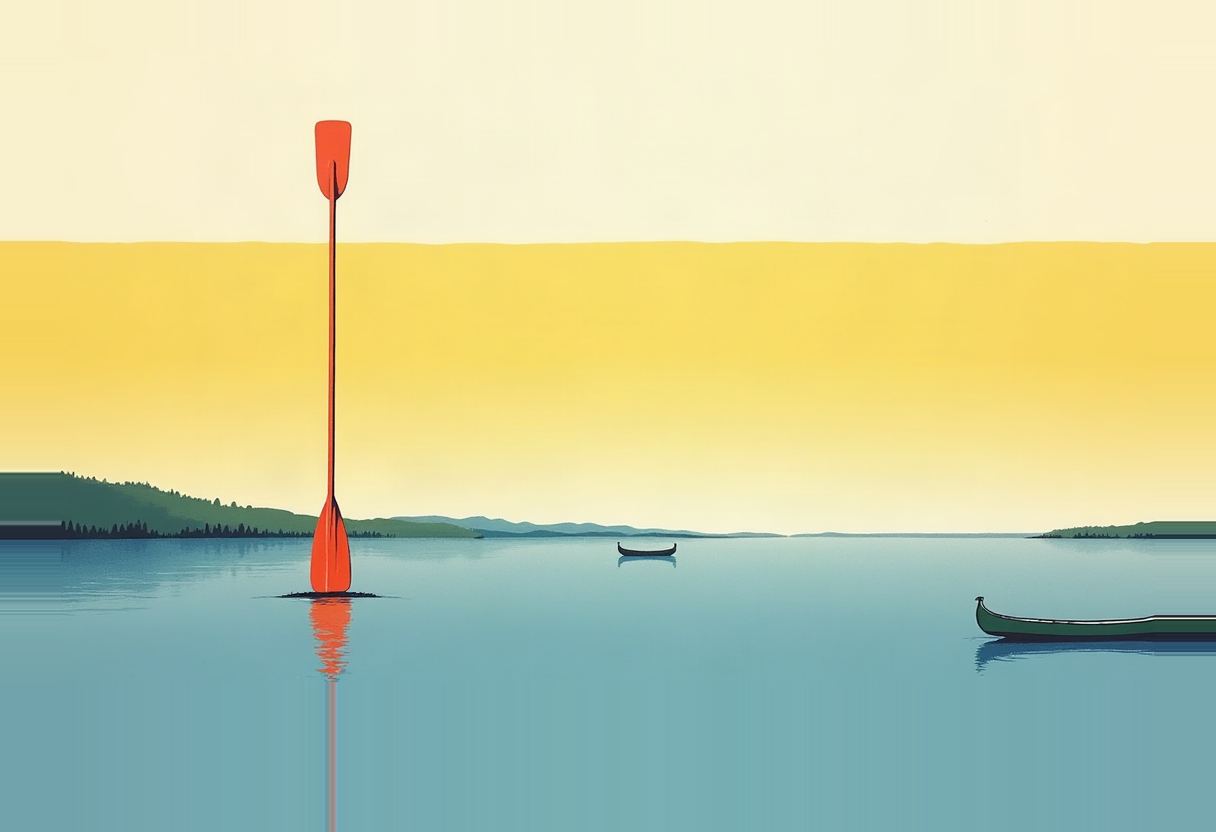 A single orange canoe paddle stands upright in a calm lake, blade up, with two small empty boats floating in the distance under a pale yellow sky.