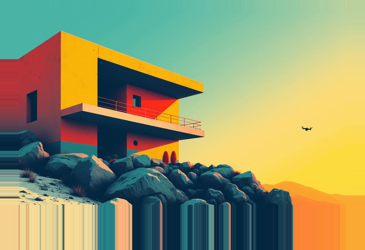 A red and yellow flat-roofed building sits on a rocky outcrop as a small drone flies nearby under a teal-to-orange gradient sky.
