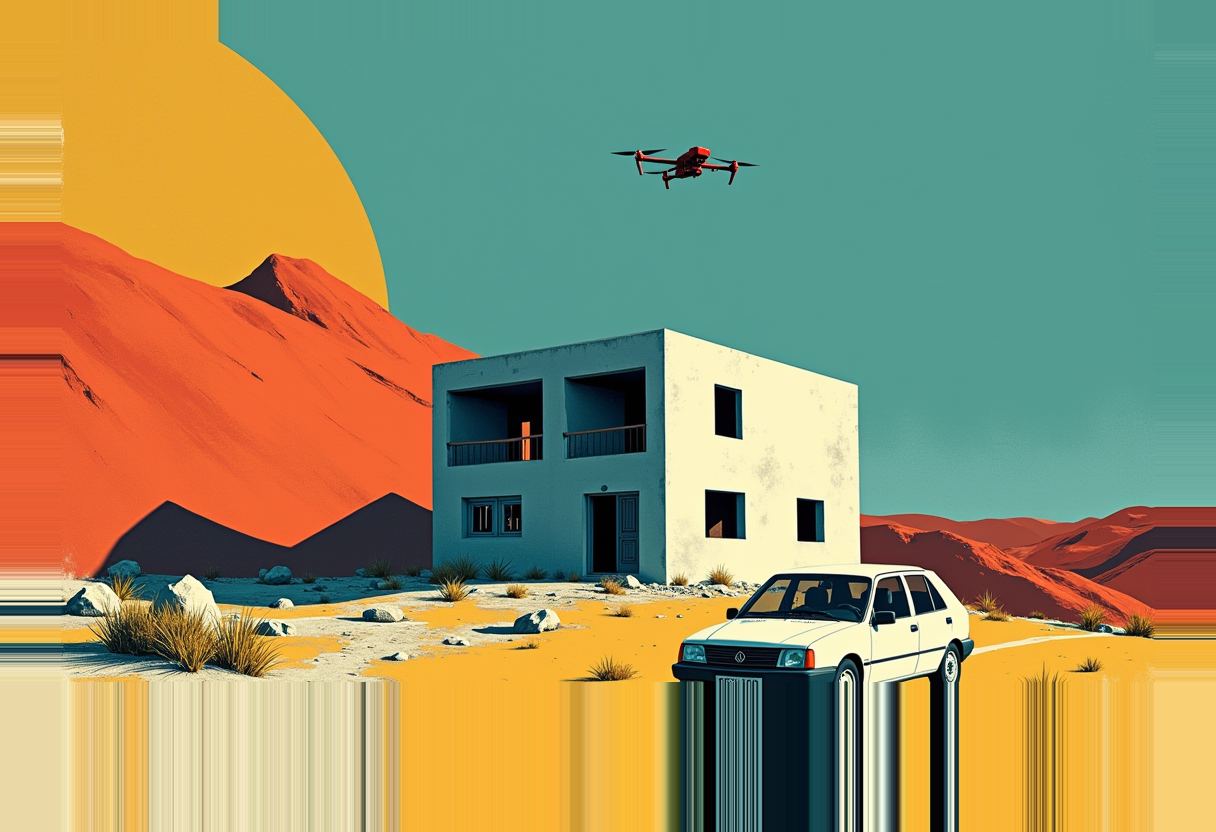 A red drone flies above a two-story concrete building beside a white hatchback car, with orange hills and a yellow sun behind them.