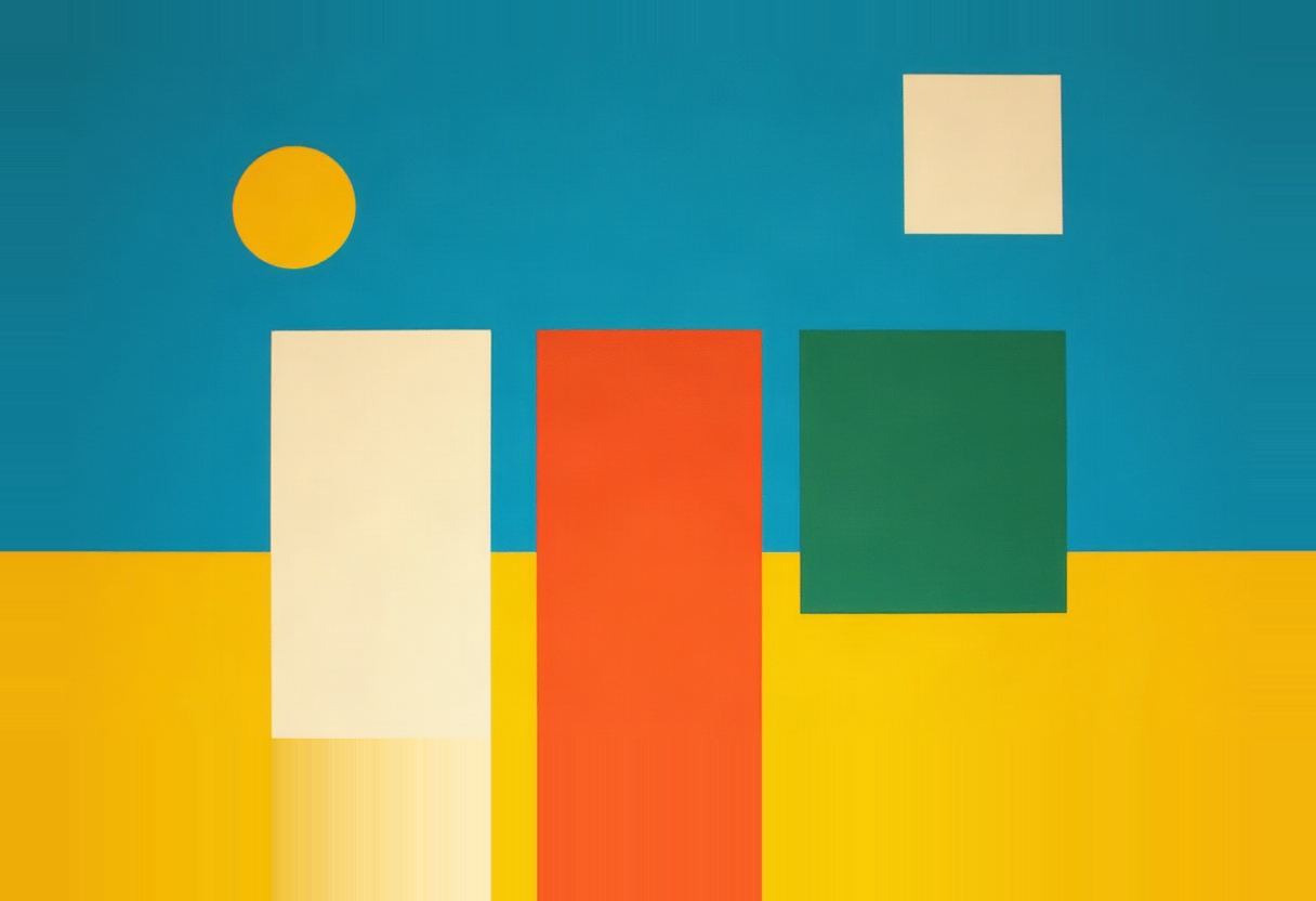 A yellow circle and cream square float above three tall rectangles (cream, orange, green) against a teal upper half and yellow lower half.