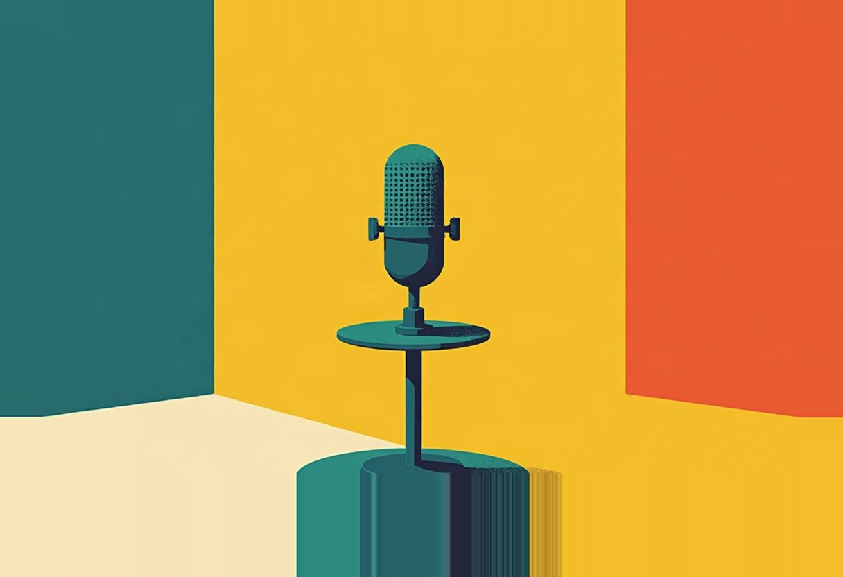 A teal studio microphone on a round stand atop a cylindrical pedestal, set against a yellow backdrop flanked by teal and orange panels.