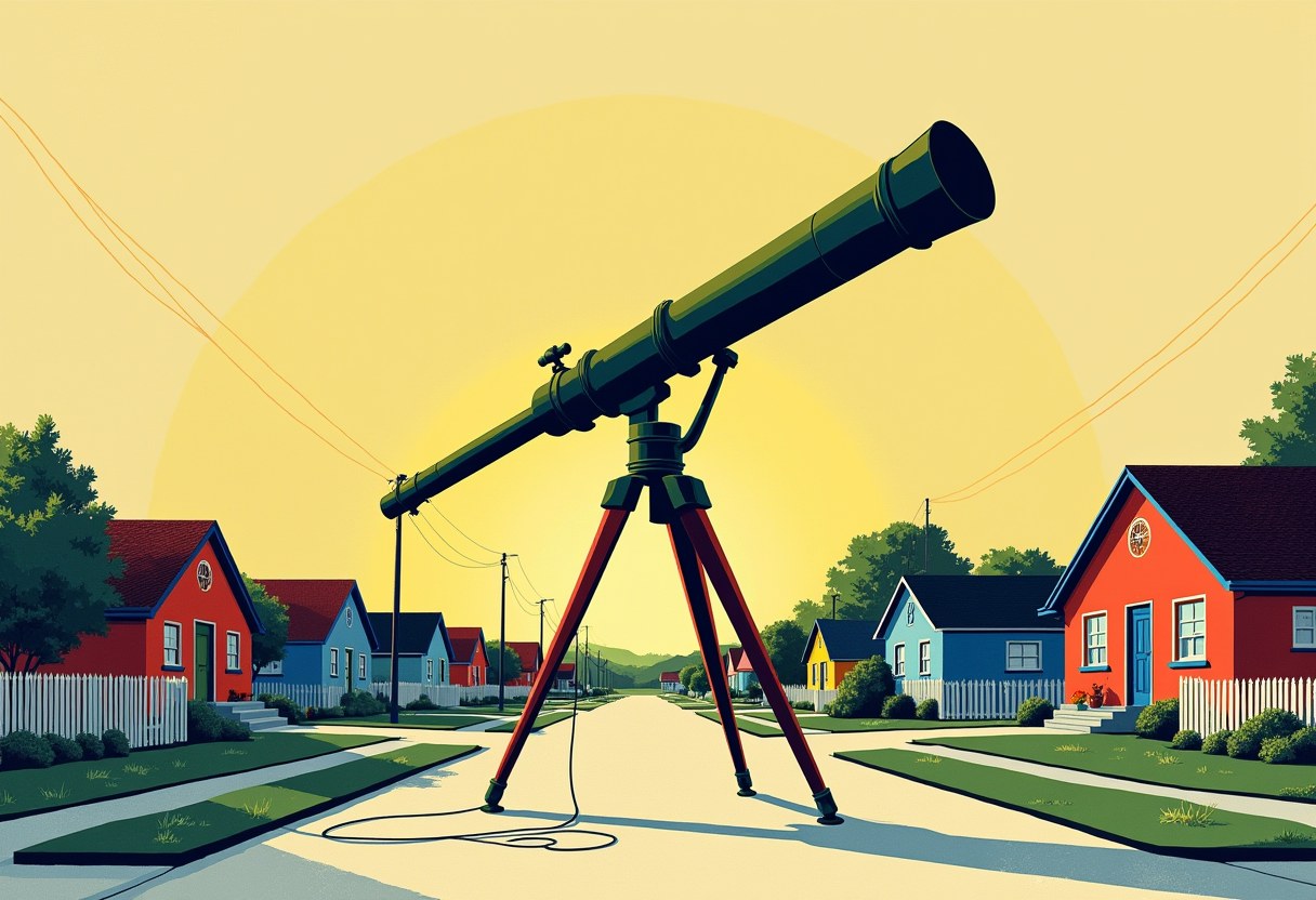 Editorial illustration: a large brass coastal-watch telescope on a tripod planted in the middle of an ordinary suburban American street at dawn, aimed down the row of houses