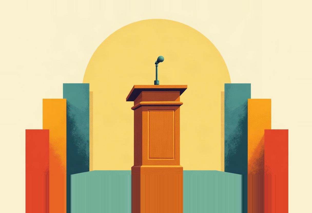 An empty wooden podium with a microphone stands before a yellow sun arch, flanked by symmetrical teal, orange, and red vertical panels.