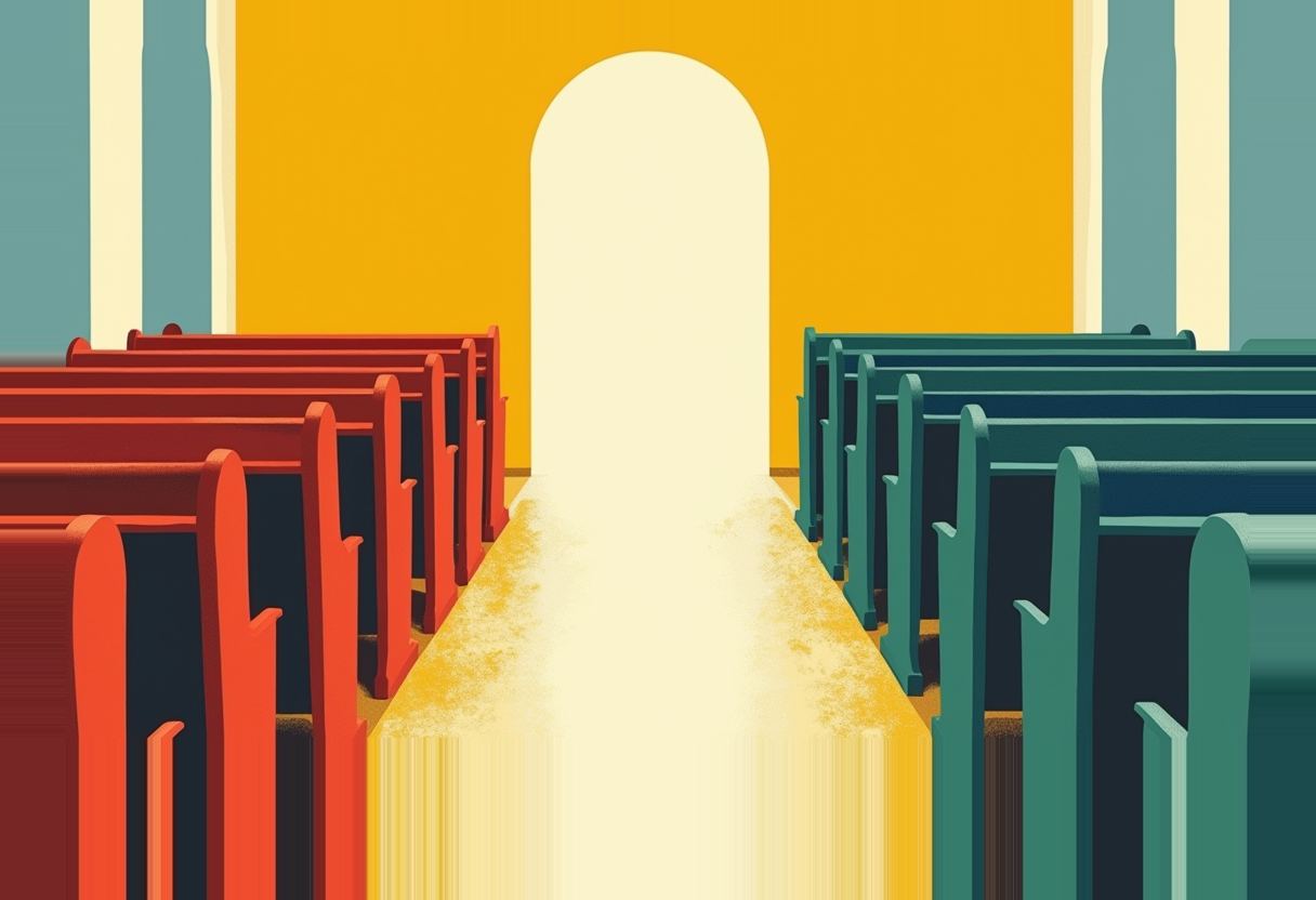 Empty church pews in red on the left and teal on the right face a pale central aisle leading to a bright arched doorway against a yellow wall.
