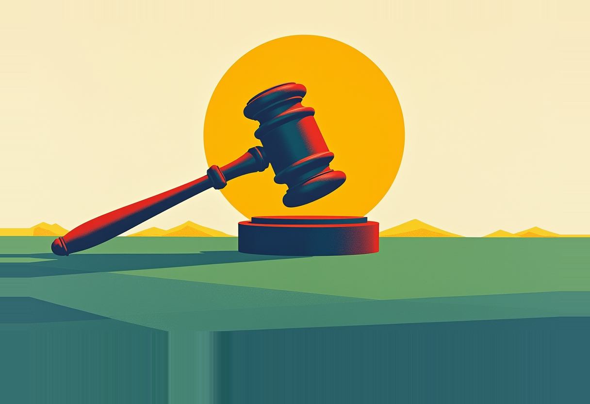 Illustration of a red and dark blue gavel resting on its sound block, set against a large yellow sun and green horizon with distant mountains.