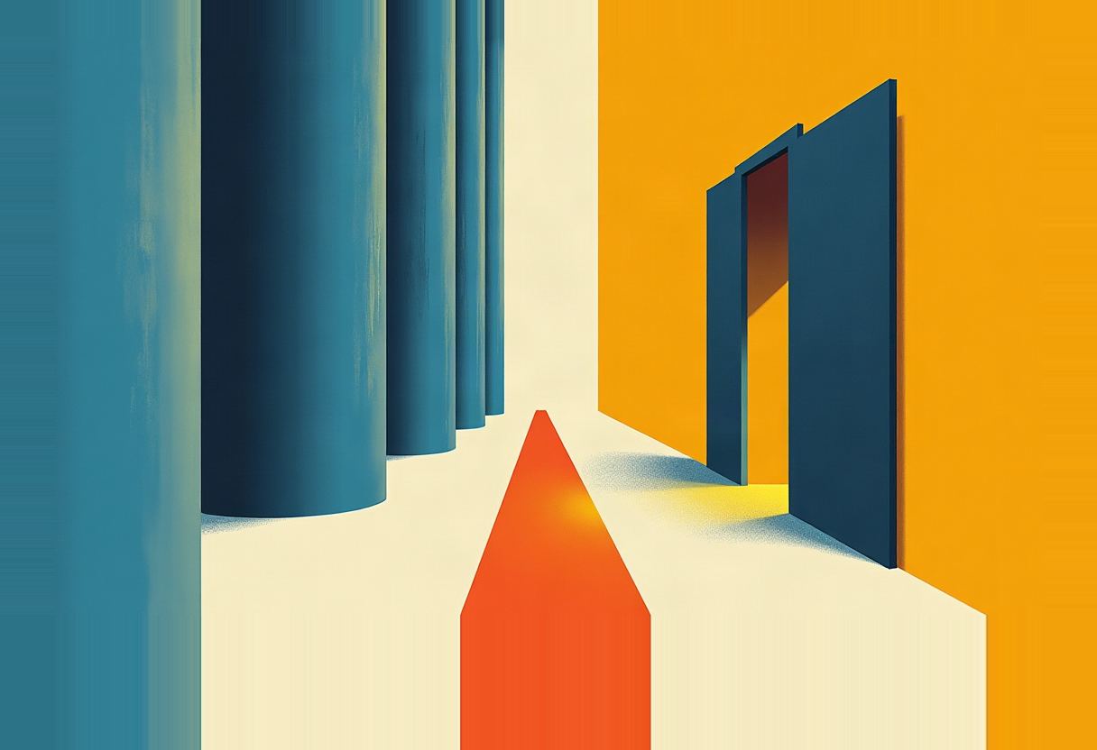Row of blue-teal columns beside a tall blue door ajar on a mustard-orange wall, with an orange triangular beam of light on the cream floor between them.